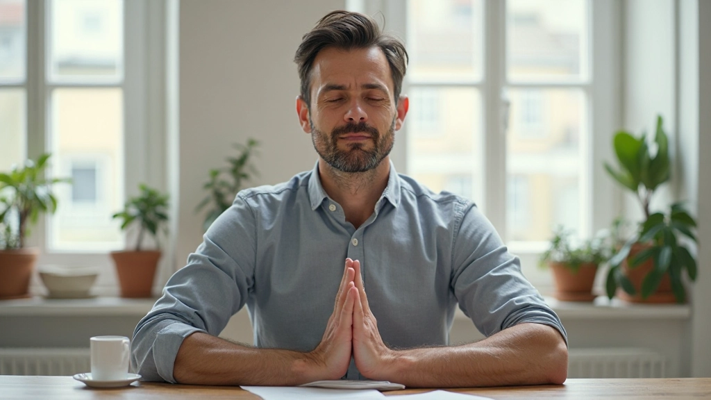 Profissional gerenciando stress através de técnicas de respiração e resiliência em ambiente calmo e acolhedor